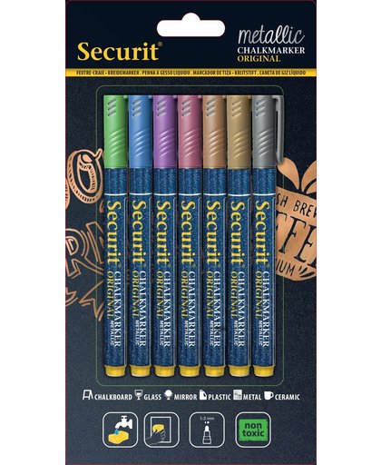 Krijtstiften fineline set van 7 metallic - groen - blauw - paars - roze - bruin - goud - zilver