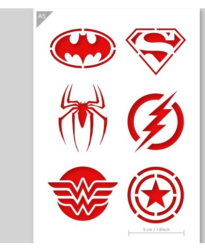 A5 Superheld Iconen Sjabloon - Karton Stencil - Diameter per icoon 5 cm - Superman, Batman, Spiderman Sjabloon