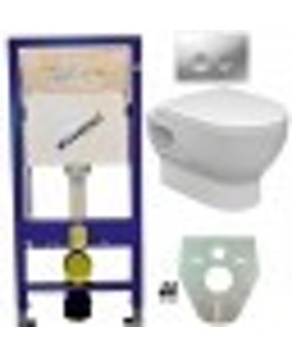 Toiletset Hangend 100-3 Geberit UP100 Inbouwreservoir Glans Wit Wandcloset Softclose Toiletbril Delta-21 Bedieningsplaat Mat Chroom