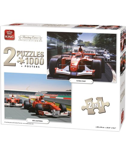 King 2 in 1 Puzzel 1000 Stukjes (68 x 49 cm) - Formule 1 Raceauto Collectie - Legpuzzel Autorace