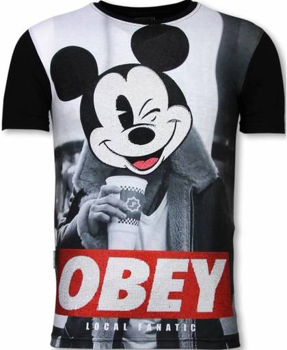 Local Fanatic Obey Mouse - Digital Rhinestone T-shirt - Zwart - Maten: XL