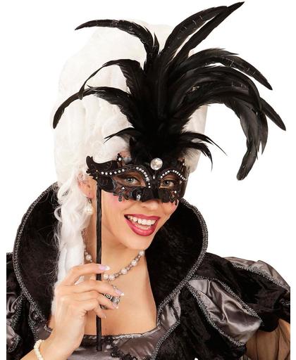 "Masker op stok met grote zwarte veren voor volwassenen - Verkleedmasker - One size"