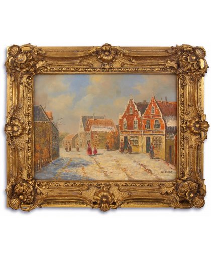 Olieverf schilderij winter in het dorp (Frame size 44 cm x 54 cm) compleet met lijst