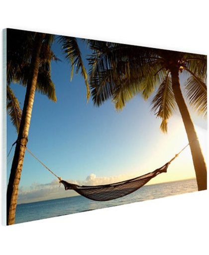 FotoCadeau.nl - Hangmat tussen palmbomen tropisch strand Glas 120x80 cm - Foto print op Glas (Plexiglas wanddecoratie)