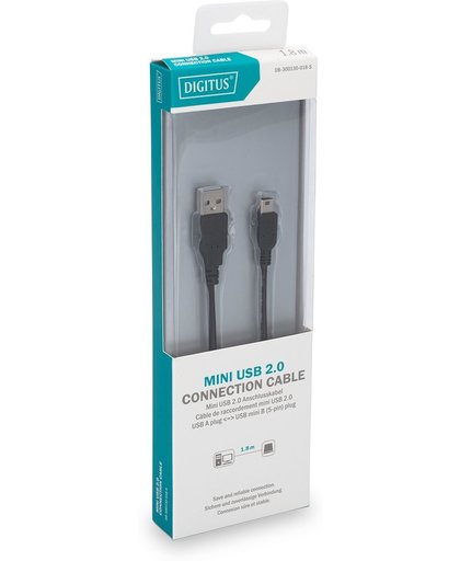 Digitus 1.8m, USB2.0-A/USB2.0 mini-B 1.8m USB A Mini-USB B Mannelijk Mannelijk Zwart USB-kabel