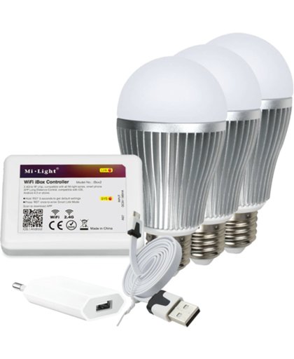 Milight starterspakket 5: 3x E27 RGBW Wifi lamp met Wifi module Ibox2