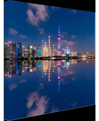 Shanghai Skyline in de avond Canvas 180x120 cm - Foto print op Canvas schilderij (Wanddecoratie)