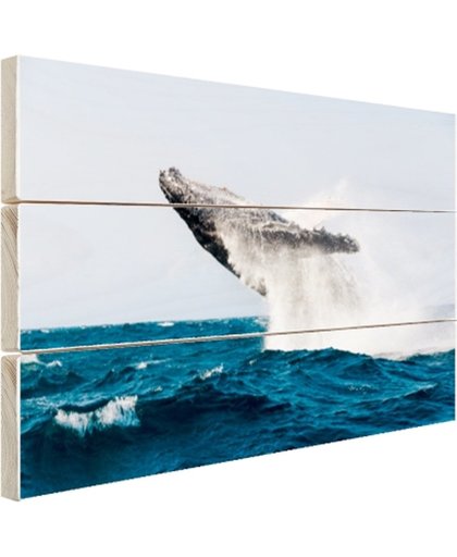 FotoCadeau.nl - Walvis springt achterover in blauw water Hout 60x40 cm - Foto print op Hout (Wanddecoratie)