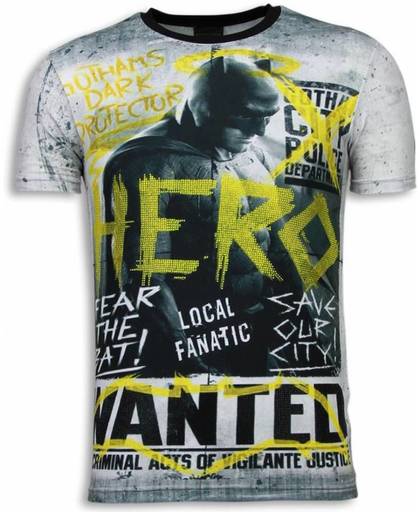 Local Fanatic Wanted Gothams Hero - Digital Rhinestone T-shirt - Grijs - Maten: XL