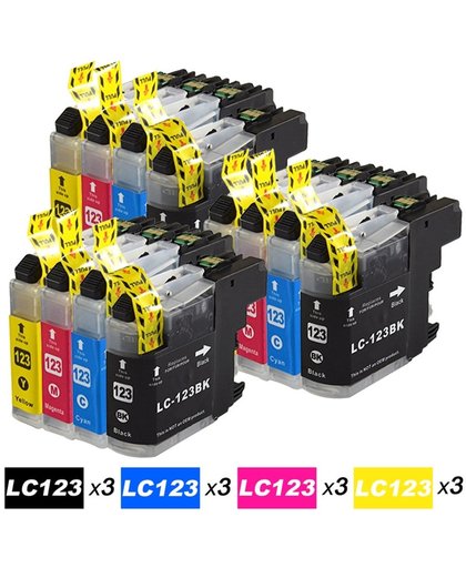 Merkloos - Inktcartridge / Compatible Brother LC123 Inktcartridges (3 zwart, 3 cyaan, 3 magenta, 3 geel) Hoge capaciteit met chip voor Brother MFC-J4410DW/4510DW/4610DW/4710DW / Multipack