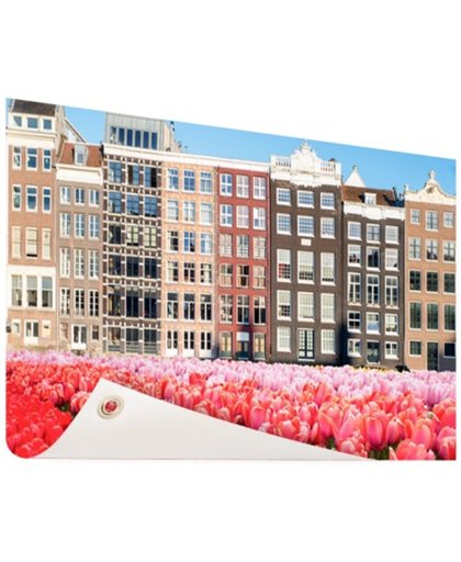 FotoCadeau.nl - Pakhuizen met tulpen op de voorgrond Tuinposter 200x100 cm - Foto op Tuinposter (tuin decoratie)