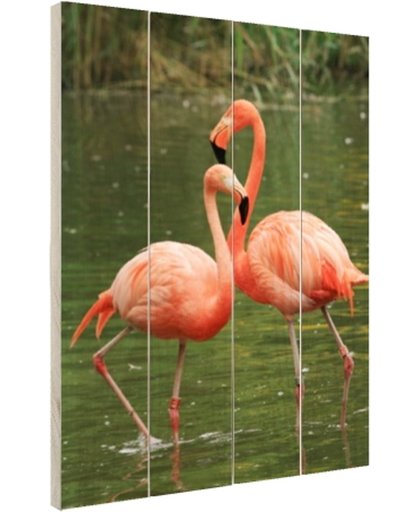 Twee rode flamingos Hout 40x60 cm - Foto print op Hout (Wanddecoratie)