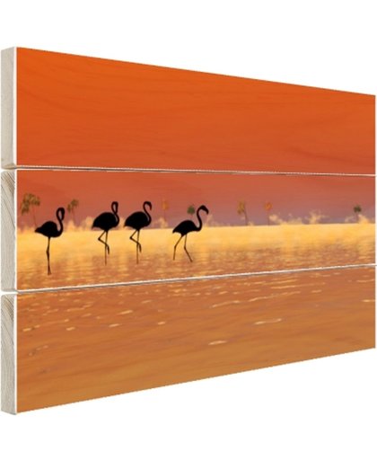 Flamingos silhouet Hout 30x20 cm - Foto print op Hout (Wanddecoratie)
