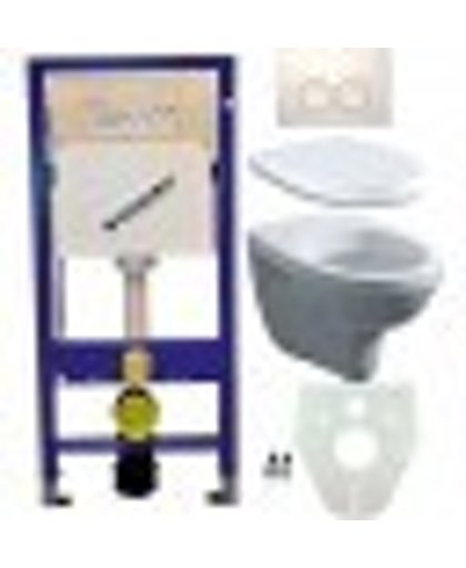 Toiletset Hangend 100-1 Geberit UP100 Inbouwreservoir Glans Wit Wandcloset Softclose Toiletbril Delta-21 Bedieningsplaat Wit