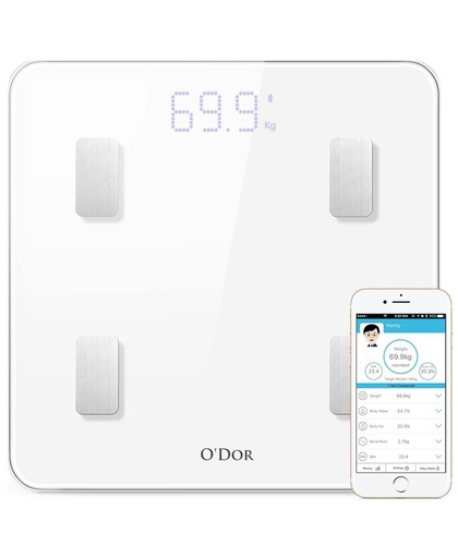 O'dor® Bluetooth Personenweegschaal met iOS en Android Smart App - Digitale Lichaamsanalyse Weegschaal - Meet Gewicht, Lichaamsvet, Spiermassa, BMI, Botmassa en Vetpercentage - Wit - Inclusief Batterijen