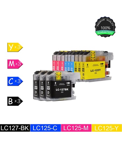 12 Pack Compatibel voor Brother LC127XL LC125XL 3 Zwart, 3 Cyan, 3 Magenta, 3 Geel voor Brother MFC-J4410DW, MFC-J4510DW, MFC-J4610DW, MFC-J4710DW