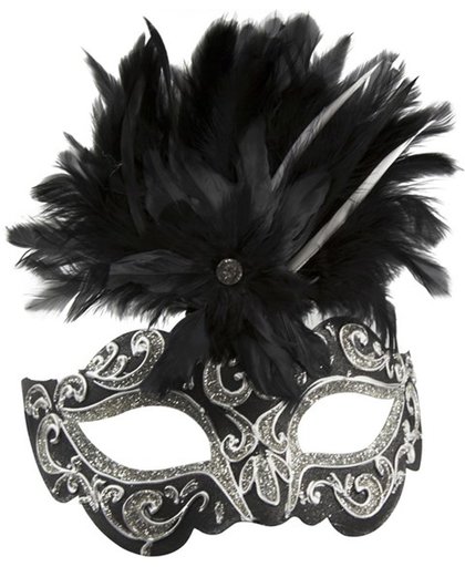 Venetiaans masker glitter & veren zwart