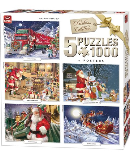 King 5 in 1 Puzzel 1000 Stukjes (68 x 49 cm) - Kerstpuzzel Collectie - Vijf Legpuzzels met Voorbeeldposters