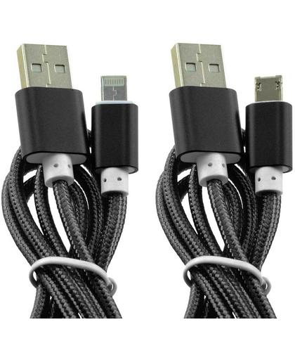 Huismerk USB kabel voor Apple en microUSB kabel in één connector - Nylon gevlochten - Wit