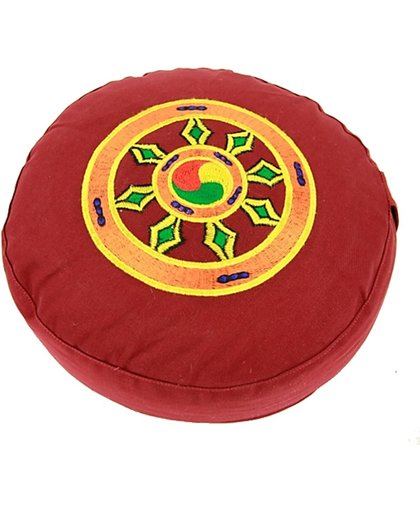 Meditatiekussen rood dharmawiel geborduurd (33x17cm)