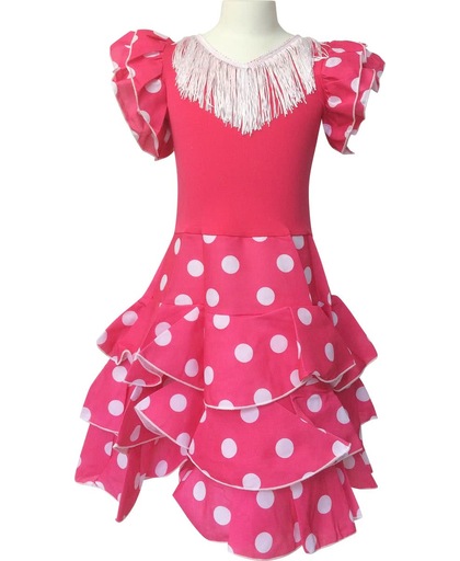 Spaanse jurk - Flamenco - Niño - Roze/Wit - Maat 104/110 (6) - Verkleed jurk