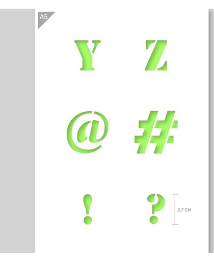 A5 Alfabet Letter Y Z symbolen @ # ! ? Sjabloon - Kunststof - Hoogte letters 2,7cm