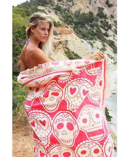 Mycha Ibiza – roundie – rond strandlaken – happy skull – roze – 100% katoen – franje