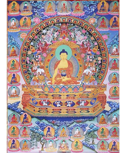 Thangka reproductie - Shakyamuni Boeddha met 35 Boeddha's