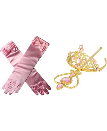 Prinsessen accessoire set - lange roze handschoenen, goudkleurige kroon + staf - prinsessen jurk