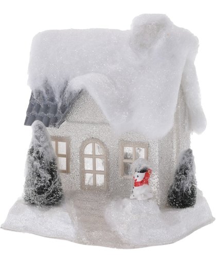 Wit kerstdorp huisje 18 cm type 2 met LED verlichting - kersthuisje