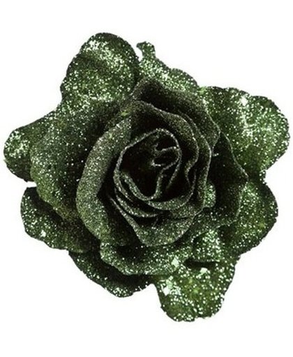 Groene roos met glitters op clip 10 cm - kerstversiering