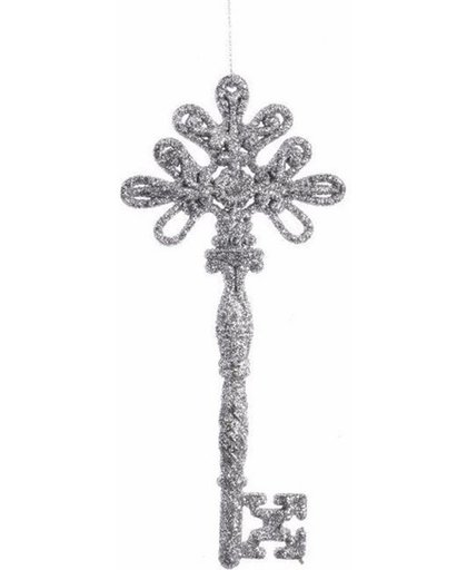 Kerstboom decoratie sleutel zilver 17 cm met glitters