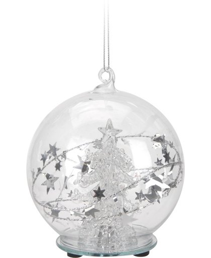 Glazen kerstbal 8 cm met kerstboom en LED verlichting