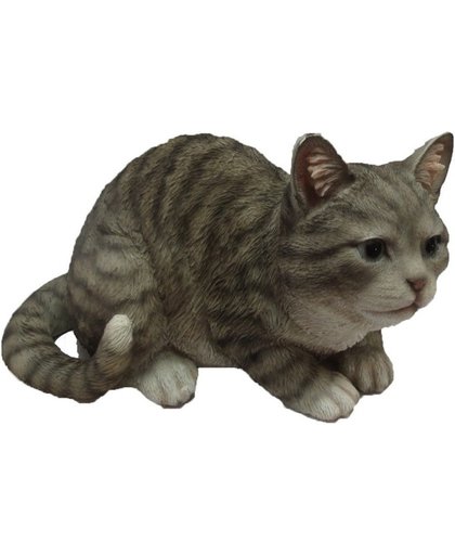 Dierenbeeld zittende kat/poes grijs/wit 32 cm