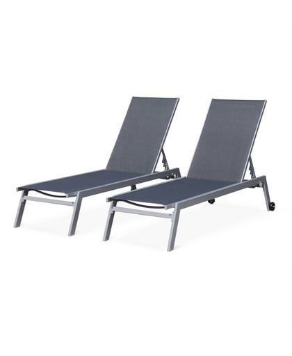 Set van ligstoelen van aluminium en textileen, ligbed multipositioneel met wieltjes