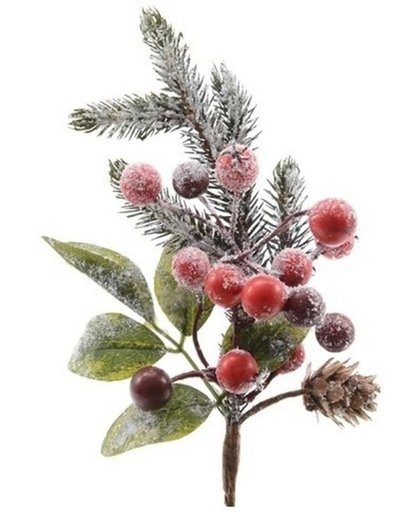 Kerststukje stekertje met bessen en sneeuw groen/rood 20 cm