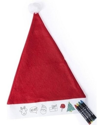 6x Kerstmutsen voor kinderen inkleurbaar inclusief waskrijtjes