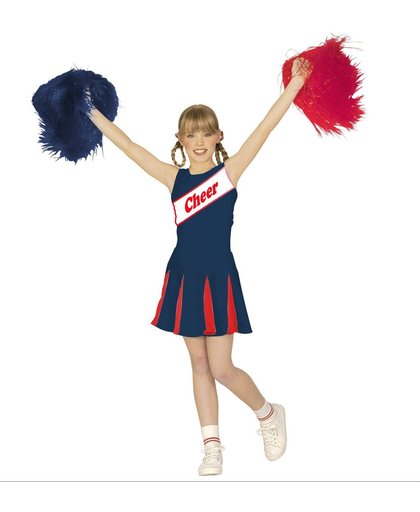 Cheerleader Kostuum | Amerikaanse Cheerleader Blauw / Rood | Meisje | Maat 140 | Carnaval kostuum | Verkleedkleding