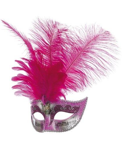 Venetiaans masker grote veren met muzieknoot pink