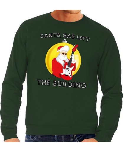 Foute kersttrui / sweater Santa has Left the Building voor heren - groen - Kerstman met gitaar L (52)