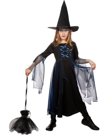 Heksen jurk blauw met hoed voor meisje maat 140