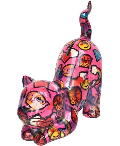 Pomme Pidou spaarpot kat Poppy - Uitvoering - Roze met lippen en emoji