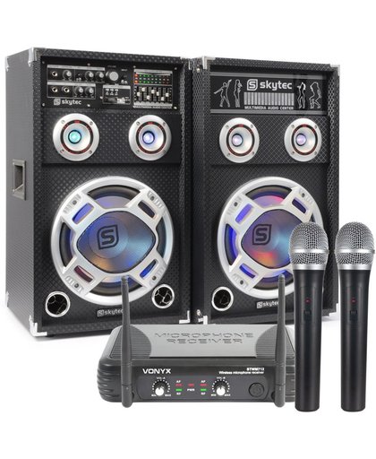 Karaokeset - KA-12 karaokeset met twee speakers met LED verlichting en twee draadloze microfoons