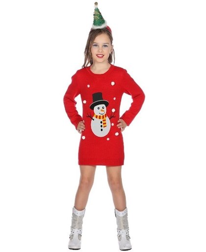 Rode kerst jurk met sneeuwpop voor meisjes 5/6 jaar (116/122)