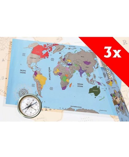 Krasposter Wereldkaart - Scratch map World 3 Stuks