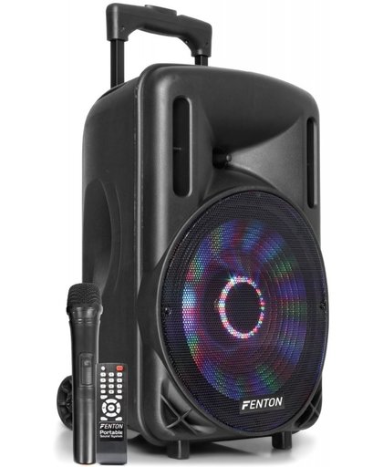 Fenton FT10LED 450W mobiele accu speaker met Bluetooth, draadloze microfoon en LED lichteffect.