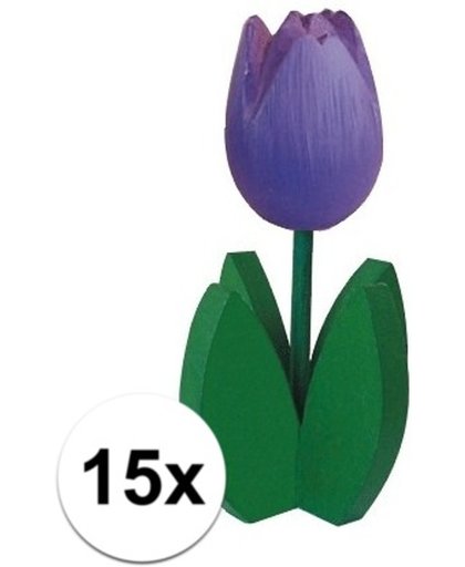 15x Decoratie houten paarse tulpen