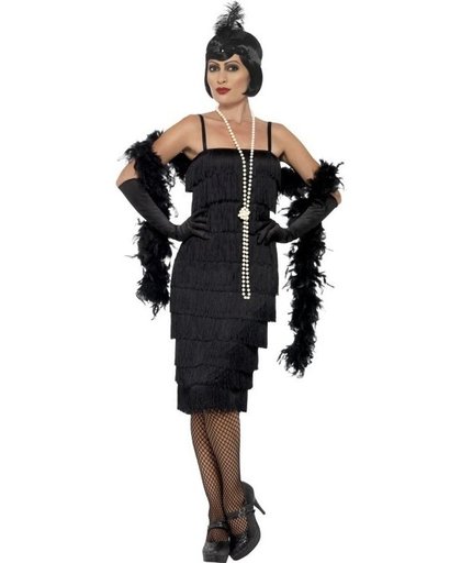 Grote maten zwarte jaren 20 flapper jurk lang voor dames - twenties kostuum 40-42 (M)