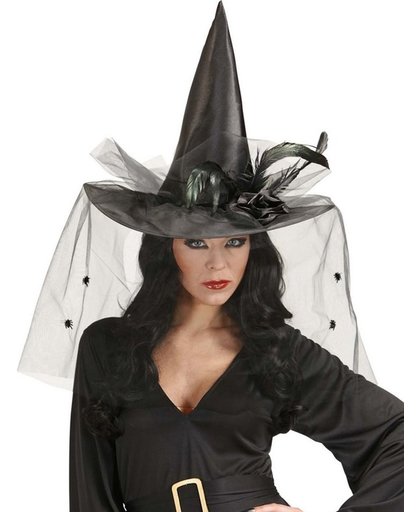 Heksen hoed met tulle en veren dames Halloween  - Verkleedhoofddeksel - One size