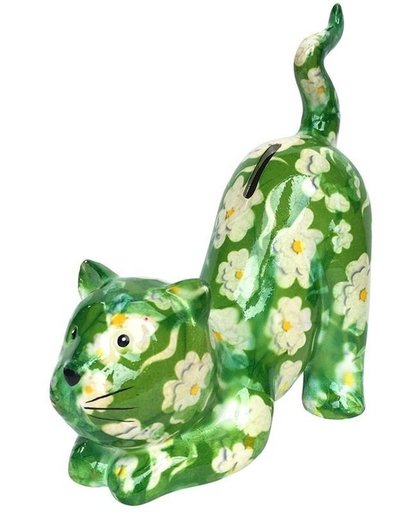 Pomme Pidou spaarpot kat Poppy - Uitvoering - Groen met witte bloemen